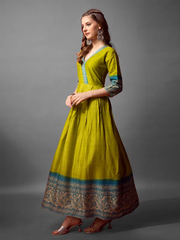Olive_Green_Cotton_Blend_Printed_Anarkali_Dress_For_Women