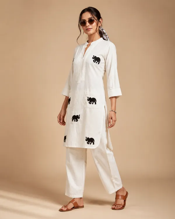 White_Khadi_Cotton_Elephant_Print_Straight_Kurta_Set_For_Women