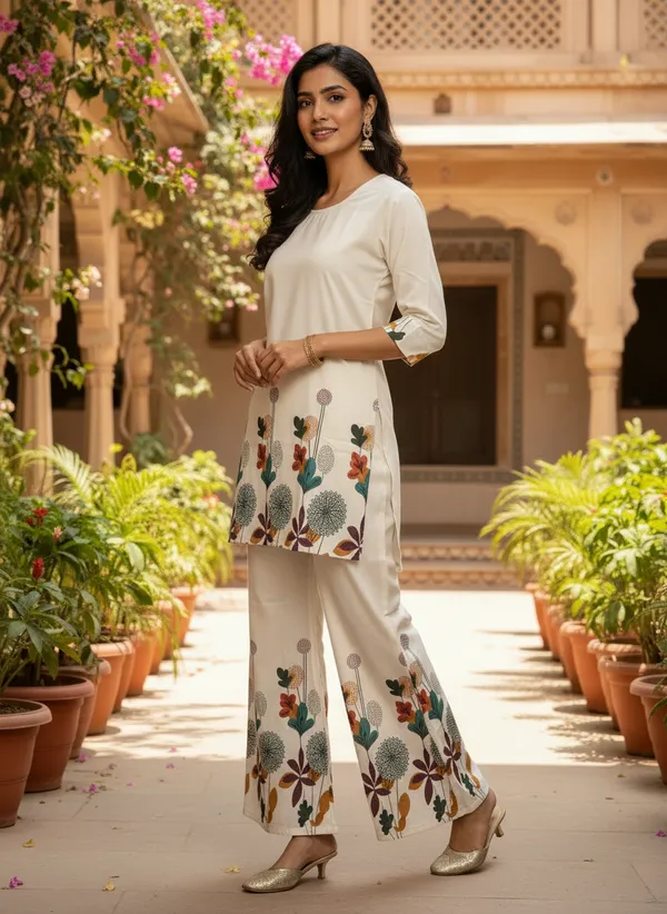White_Khadi_Cotton_Floral_Print_Kurta_Pant_Set_For_Women