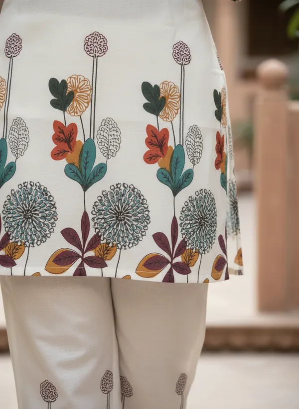 White_Khadi_Cotton_Floral_Print_Kurta_Pant_Set_For_Women
