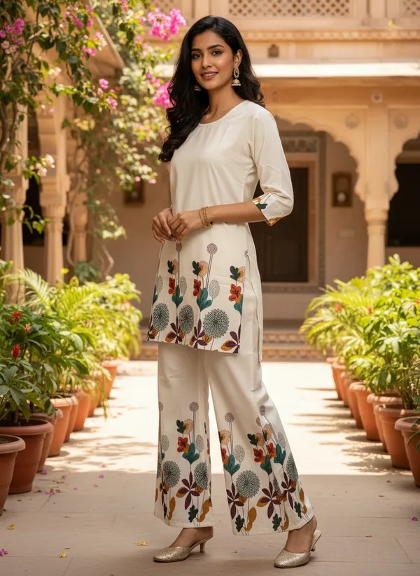 White_Khadi_Cotton_Floral_Print_Kurta_Pant_Set_For_Women