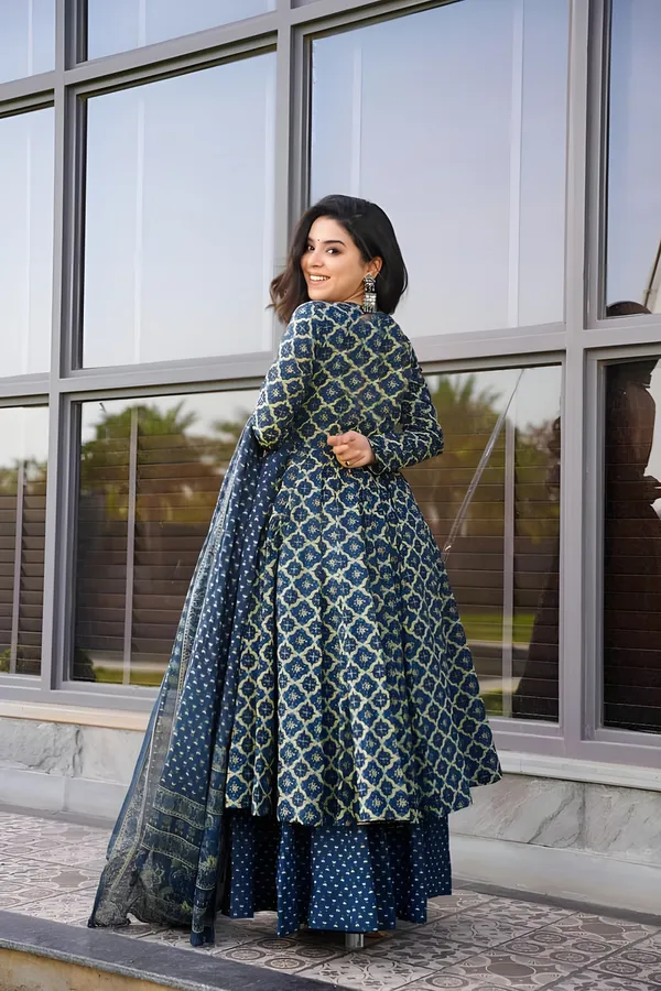 Navy_Blue_Cotton_Blend_Printed_Flared_Kurti_Pant_Dupatta_Set_For_Women
