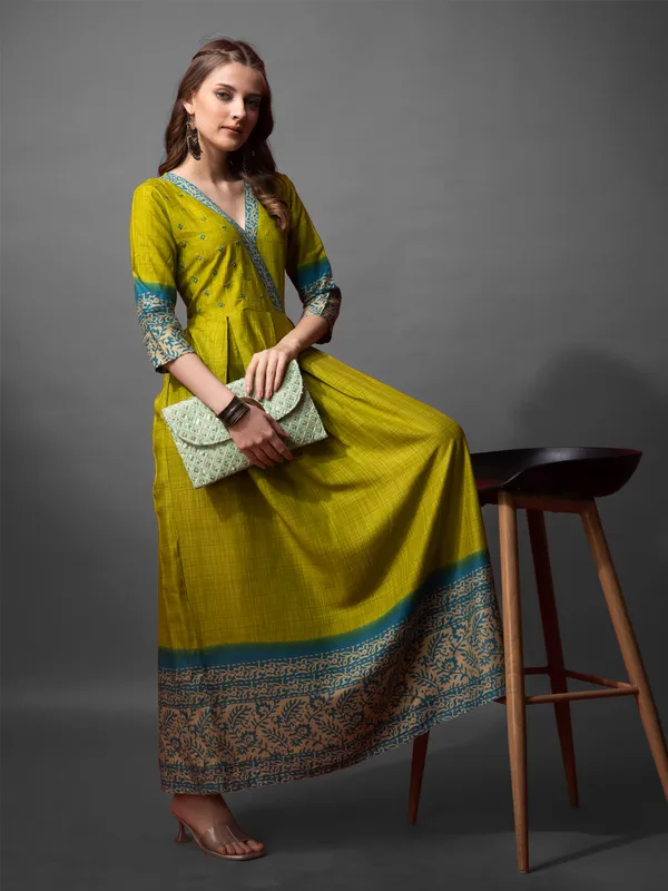 Olive_Green_Cotton_Blend_Printed_Anarkali_Dress_For_Women