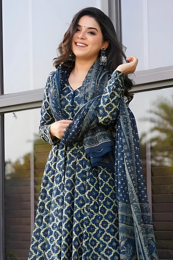 Navy_Blue_Cotton_Blend_Printed_Flared_Kurti_Pant_Dupatta_Set_For_Women