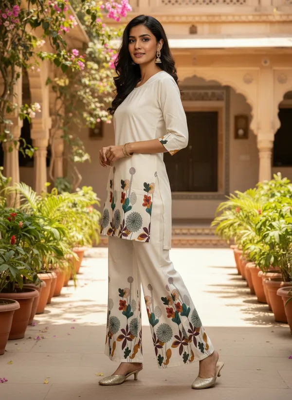 White_Khadi_Cotton_Floral_Print_Kurta_Pant_Set_For_Women