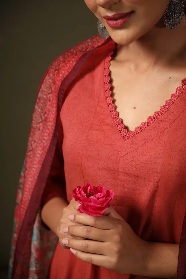 Rust_Rayon_Straight_Kurta_Set_With_Floral_Dupatta_For_Women