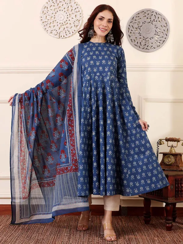 Blue_Rayon_Floral_Print_Anarkali_Suit_Set_For_Women