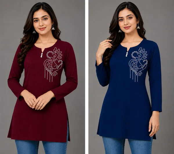 Blue_And_Maroon_Textured_Longline_Kurta_for_Women