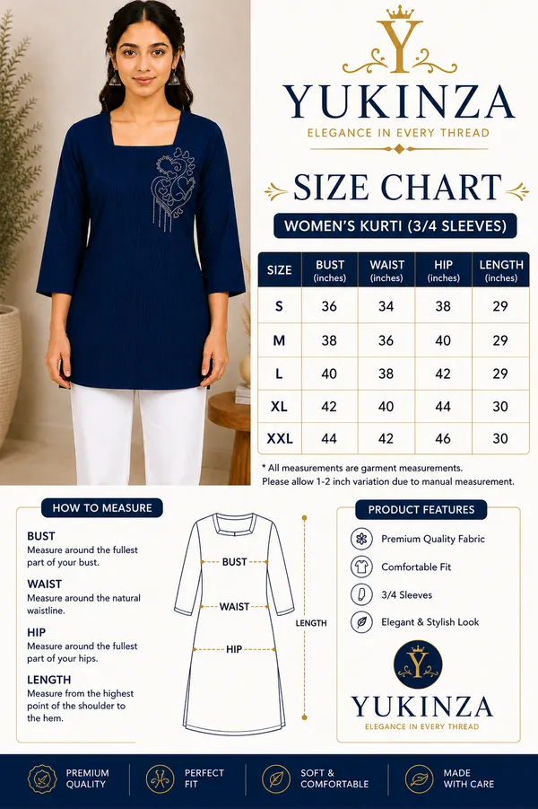 Navy_Blue_Straight_3/4_Sleeve_Kurti_for_Women