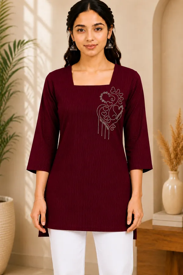 Maroon_Fabric_Regular_Fit_Kurti_for_Women