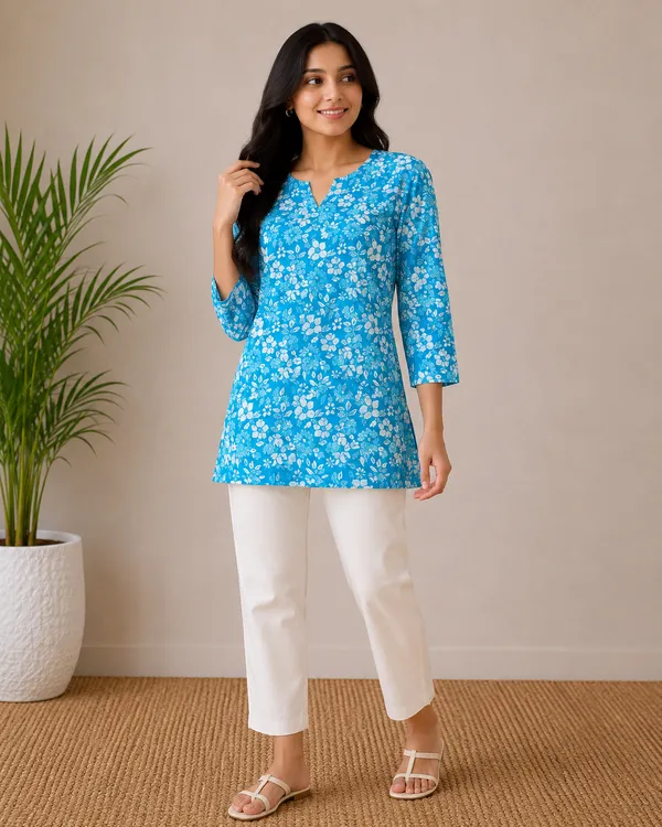 Blue_Cotton_Blend_Floral_Print_Short_Kurti_for_Women