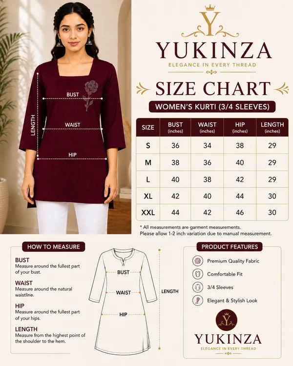 Maroon_Straight_3/4_Sleeve_Kurti_for_Women