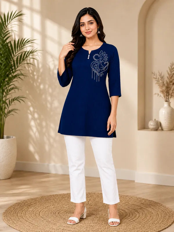 Blue_Ribbed_Regular_Fit_Short_Kurti_for_Women