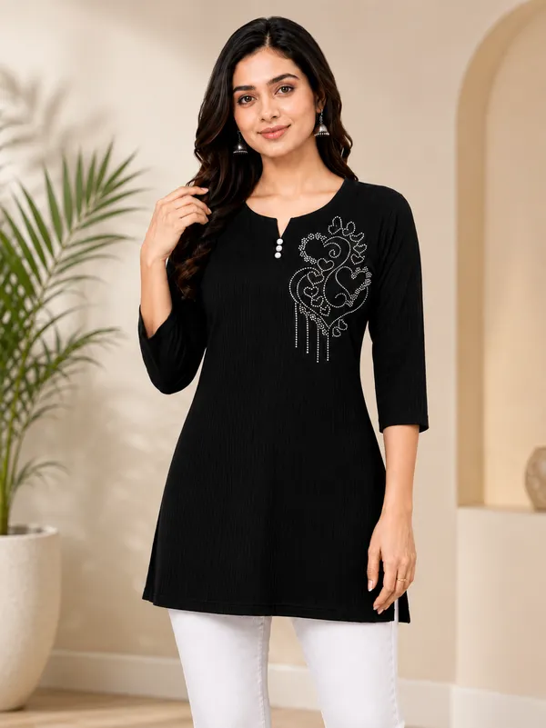 Black_Ribbed_Straight_Short_Kurti_for_Women