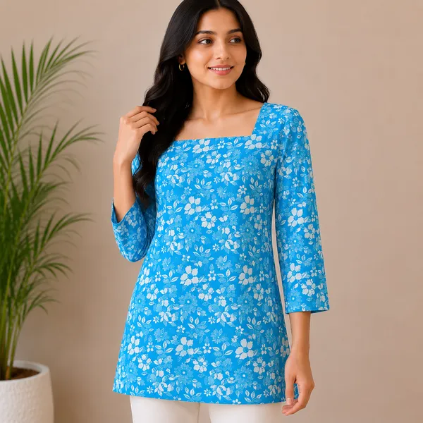 Blue_Cotton_Blend_Floral_Print_Short_Kurti_for_Women