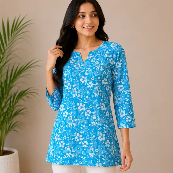 Blue_Cotton_Blend_Floral_Print_Short_Kurti_for_Women