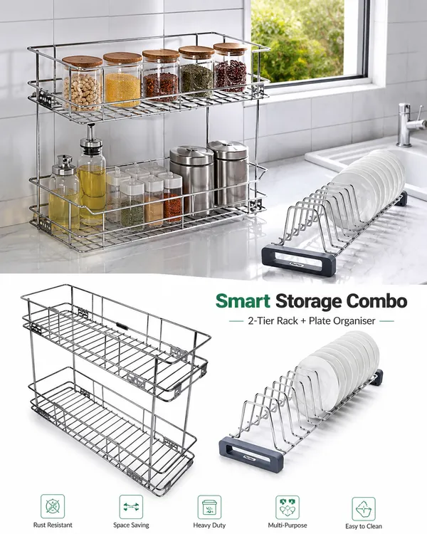 Stainless_Steel_Modern_Kitchen_Plate_Rack_Dish_Organizer_And_Stainless_Steel_Modern_Two_Tier_Wall_Mounted_Wire_Storage_Rack_Combo_Set