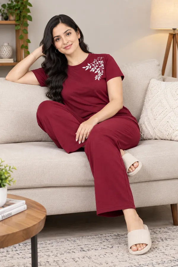 Maroon_Leaf___Polyester_Lycra_Night_Wear_For_Women
