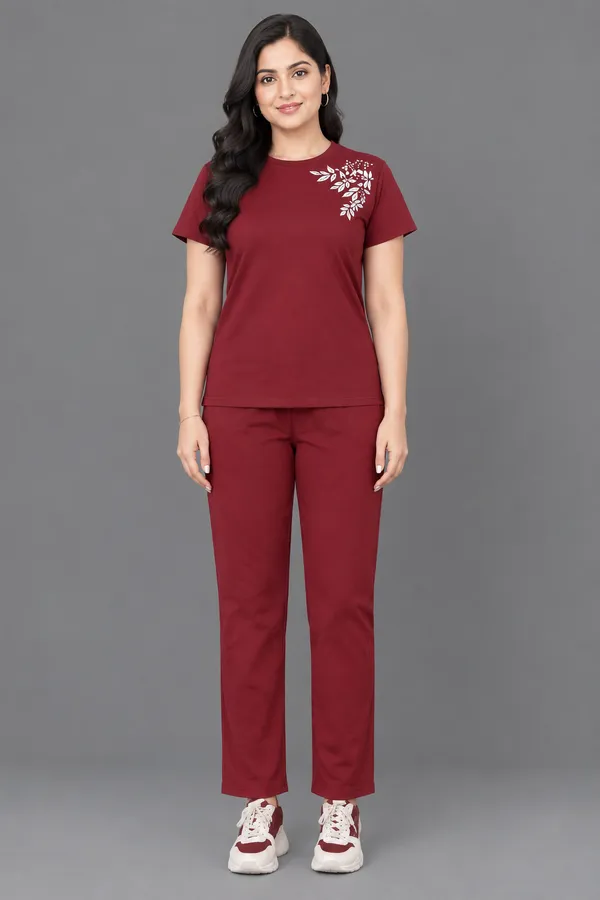 Maroon_Leaf___Polyester_Lycra_Night_Wear_For_Women