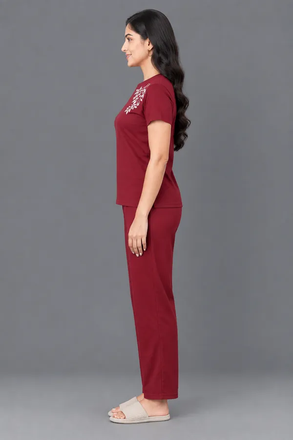 Maroon_Leaf___Polyester_Lycra_Night_Wear_For_Women