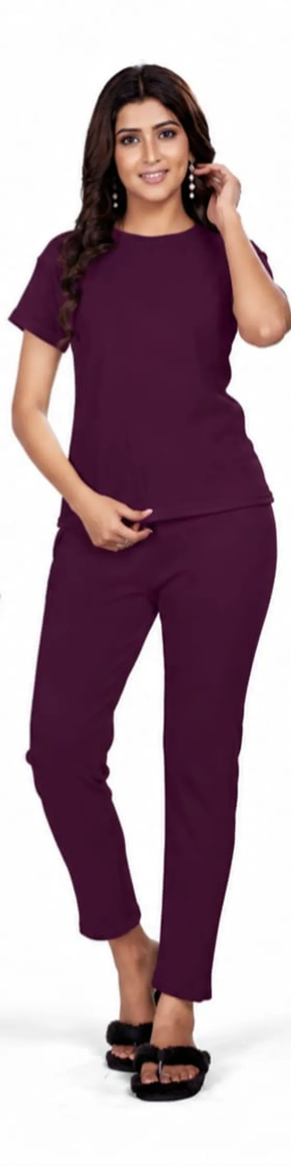 Wine_Polyester_Lycra_Night_Wear_For_Women