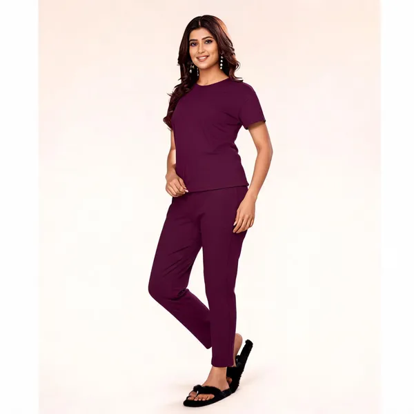 Wine_Polyester_Lycra_Night_Wear_For_Women