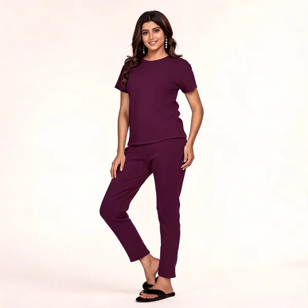 Wine_Polyester_Lycra_Night_Wear_For_Women