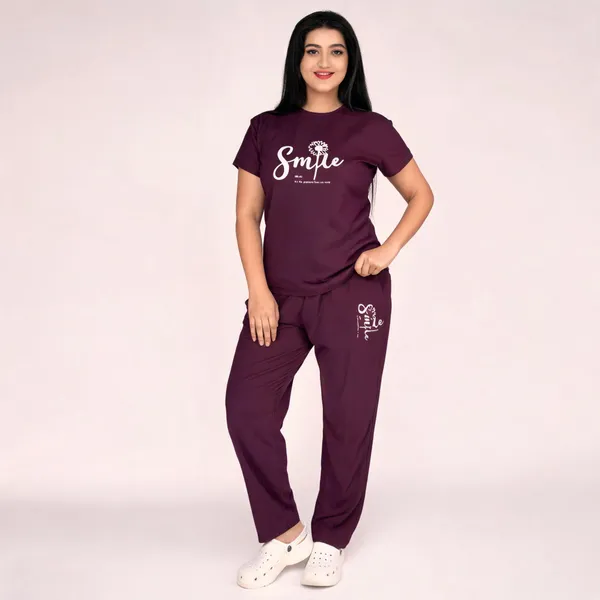 Wine_Polyester_Lycra_Night_Wear_For_Women