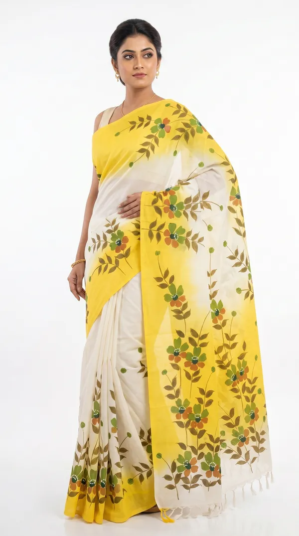 Yellow_Cotton_Floral_Saree_For_Women