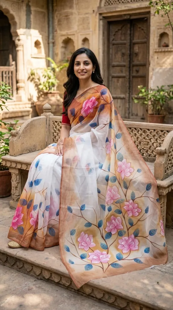 Gulmohar_Blush_Organza_From_Aranya_Collection_(Floral)_Hand-Painted_Wearable_Art_By_Adibani