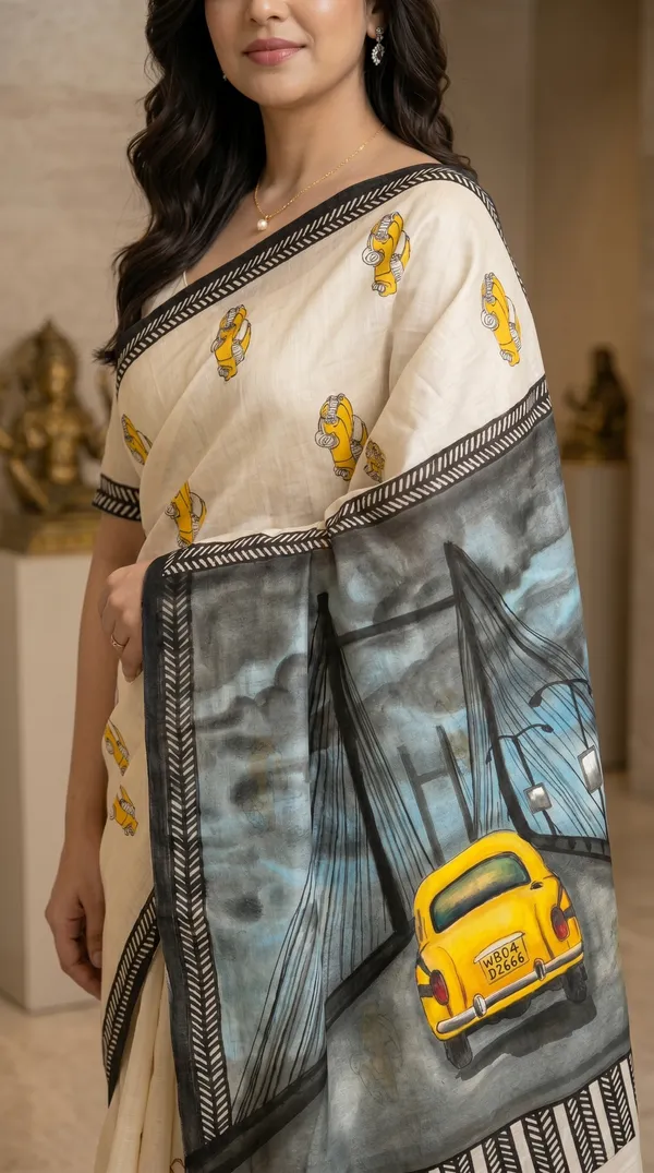 Adibani_Kolkata_Taxi_Tales_Ivory_Cotton_Hand-Painted_Saree_-_Pallu_Canvas_Collection