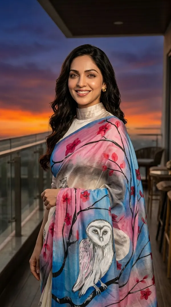 Adibani_Moon_Blossom_Owl_Ivory_Pink_Cotton_Hand-Painted_Saree_-_Pallu_Canvas_Collection