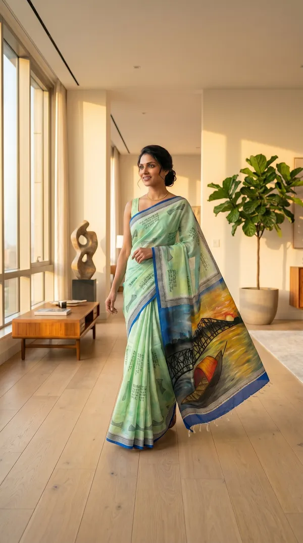 Adibani_Howrah_Reverie_Mint_Green_Cotton_Hand-Painted_Saree_-_Pallu_Canvas_Collection
