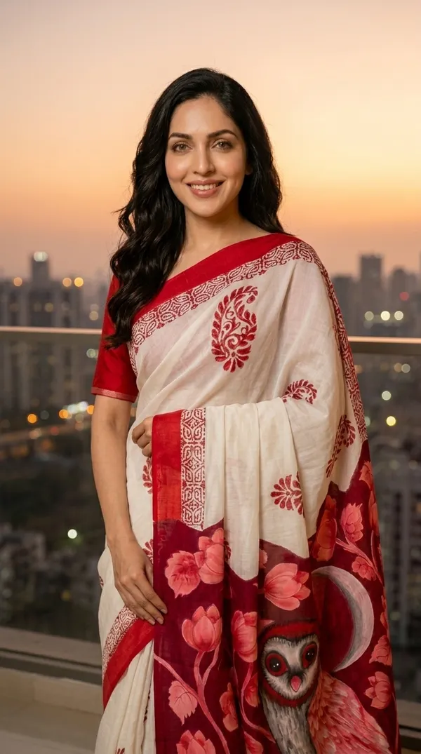Adibani_Crimson_Moon_Owl_White_Red_Cotton_Hand-Painted_Saree_-_Pallu_Canvas_Collection