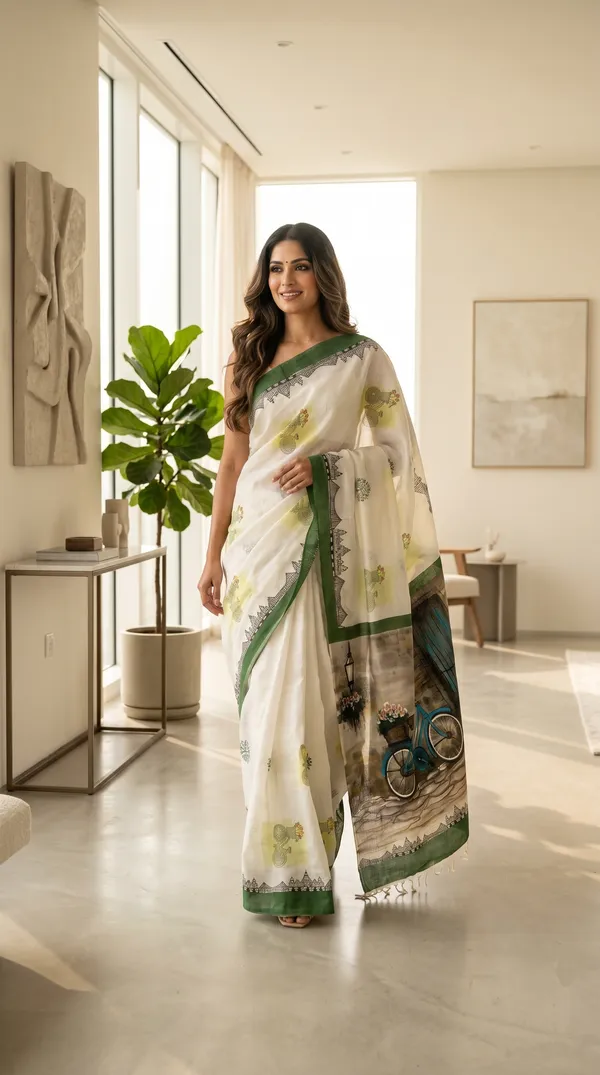 Adibani_Cycle_Lane_Story_Ivory_Green_Cotton_Hand-Painted_Saree_-_Pallu_Canvas_Collection