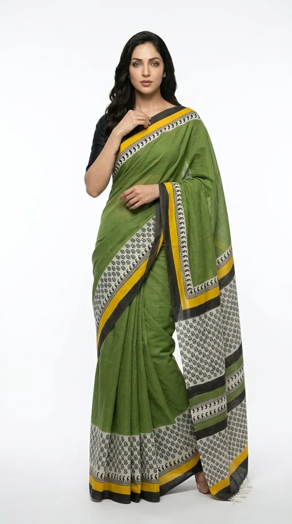 Olive_Green_Harit_Rekha_From_Rangavali_Collection_-_Block_Printed_Sarees_By_Adibani