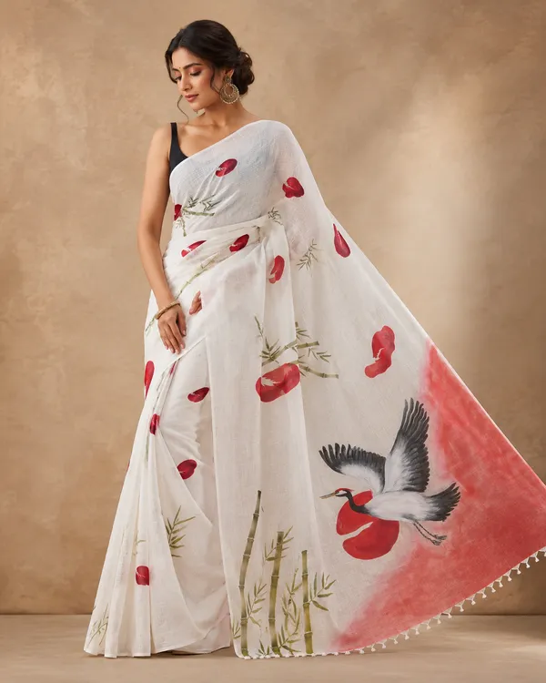Adibani_Crane_Reverie_White_Red_Cotton_Hand-Painted_Saree_-_Pallu_Canvas_Collection