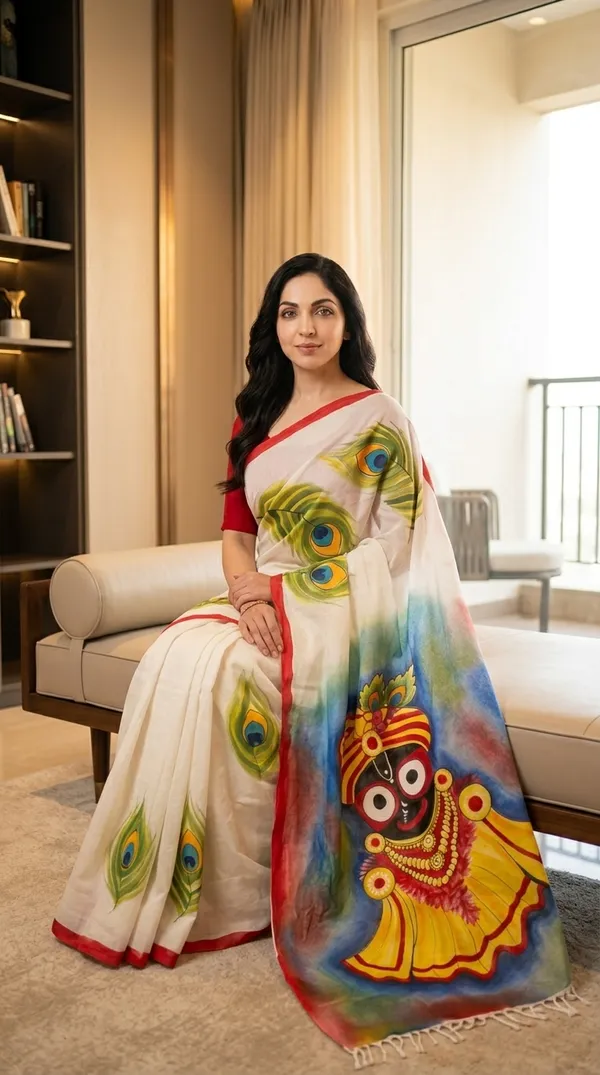Adibani_Shree_Jagannath_White_Cotton_Hand-Painted_Saree_-_Pallu_Canvas_Collection