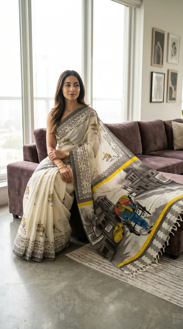 Adibani_City_Tales_Ivory_Yellow_Cotton_Hand-Painted_Saree_-_Pallu_Canvas_Collection