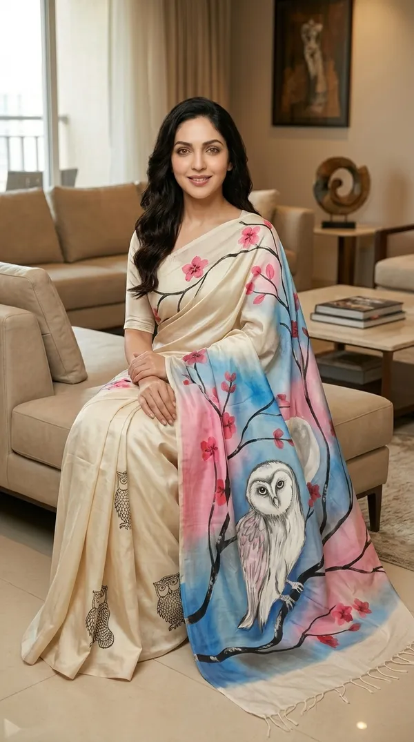 Adibani_Moon_Blossom_Owl_Ivory_Pink_Cotton_Hand-Painted_Saree_-_Pallu_Canvas_Collection