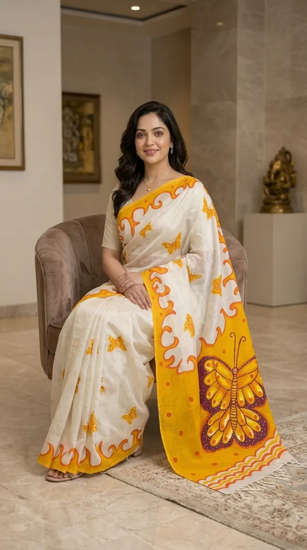 Adibani_Basanti_Titli_White_Yellow_Cotton_Hand-Painted_Saree_-_Pallu_Canvas_Collection
