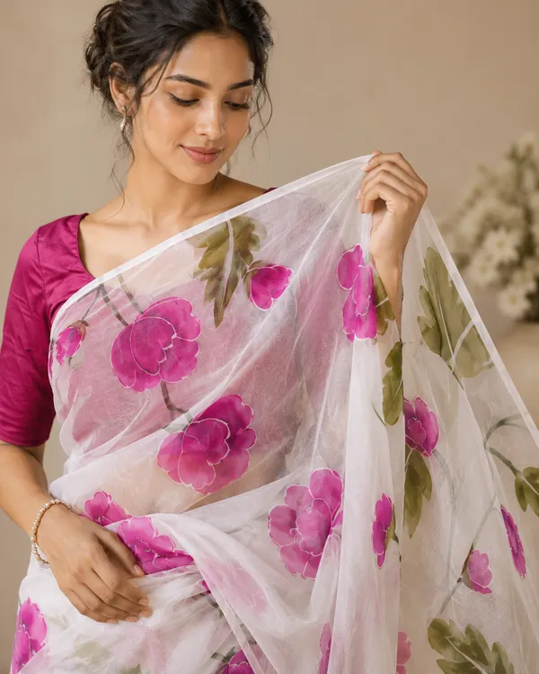 Adibani_Royal_Bloom_White_And_Magenta_Organza_Hand-Painted_Sarees_-_Aranya_Collection