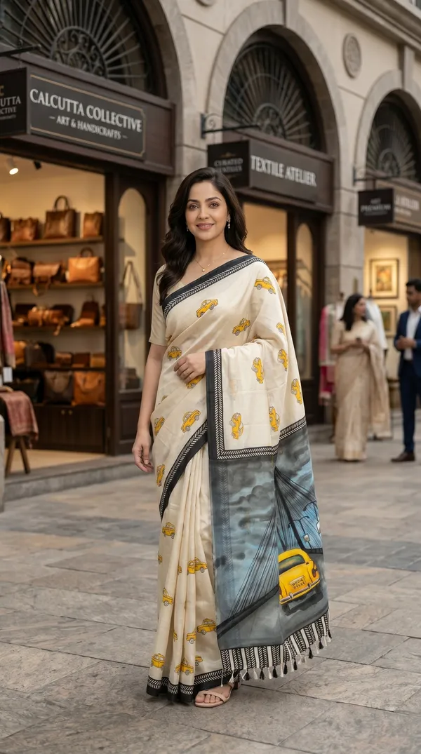 Adibani_Kolkata_Taxi_Tales_Ivory_Cotton_Hand-Painted_Saree_-_Pallu_Canvas_Collection
