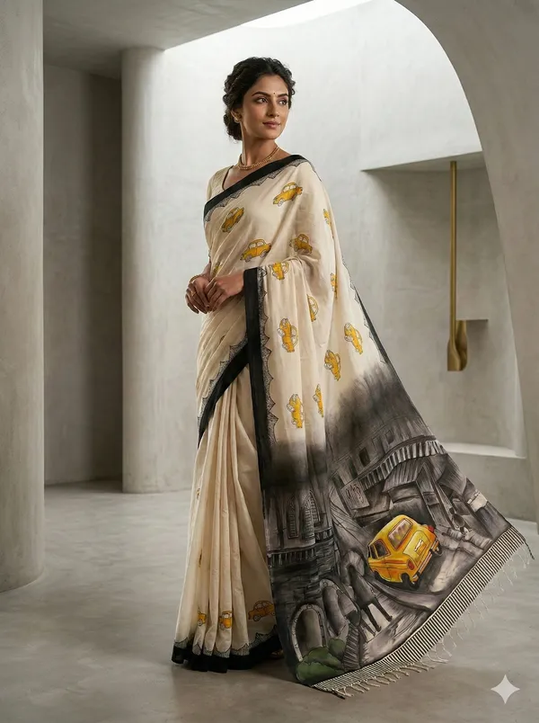 Adibani_Kolkata_Taxi_Tales_Ivory_Cotton_Hand-Painted_Saree_-_Pallu_Canvas_Collection