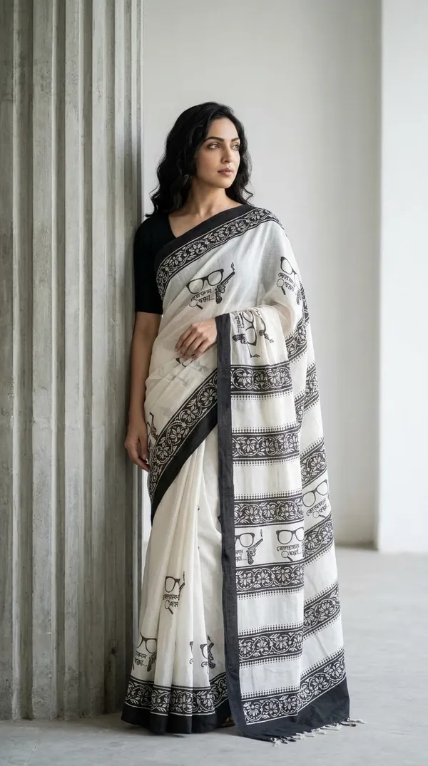 White_Black_Detective_Byomkesh_From_Rangavali_Collection_-_Block_Printed_Cotton_Sarees_By_Adibani