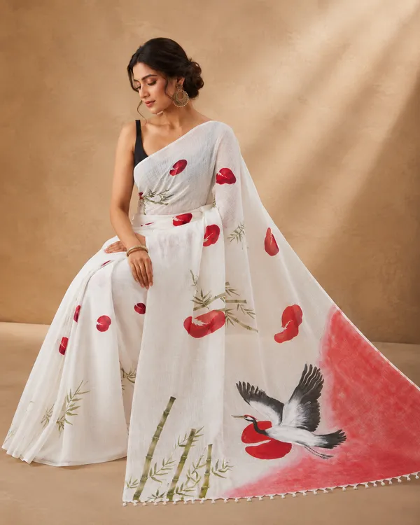 Adibani_Crane_Reverie_White_Red_Cotton_Hand-Painted_Saree_-_Pallu_Canvas_Collection