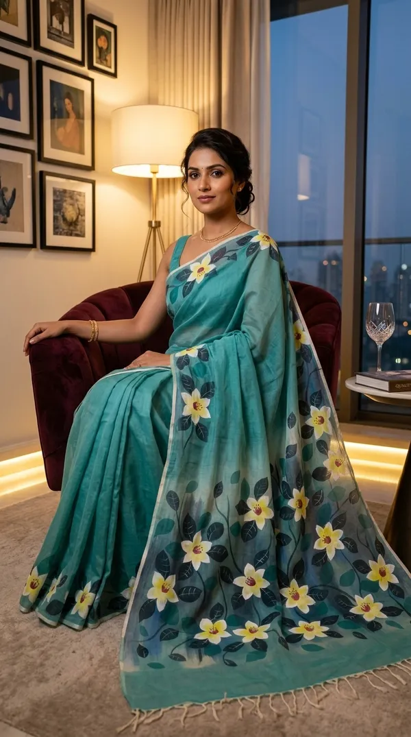 Aqua_Cotton_Floral_Hand-Painted_Saree_For_Women