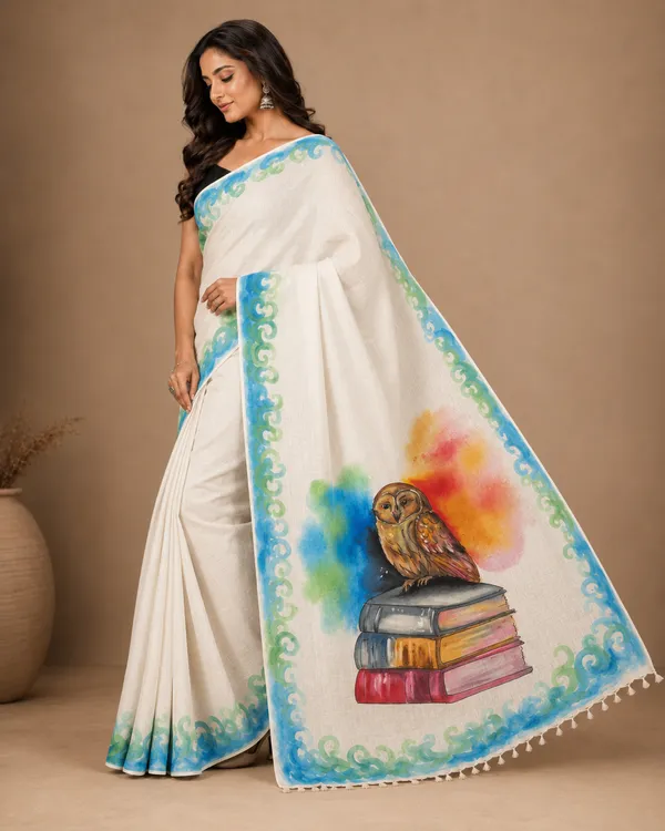 Adibani_Bodhi_Owl_White_Blue_Cotton_Hand-Painted_Saree_-_Pallu_Canvas_Collection