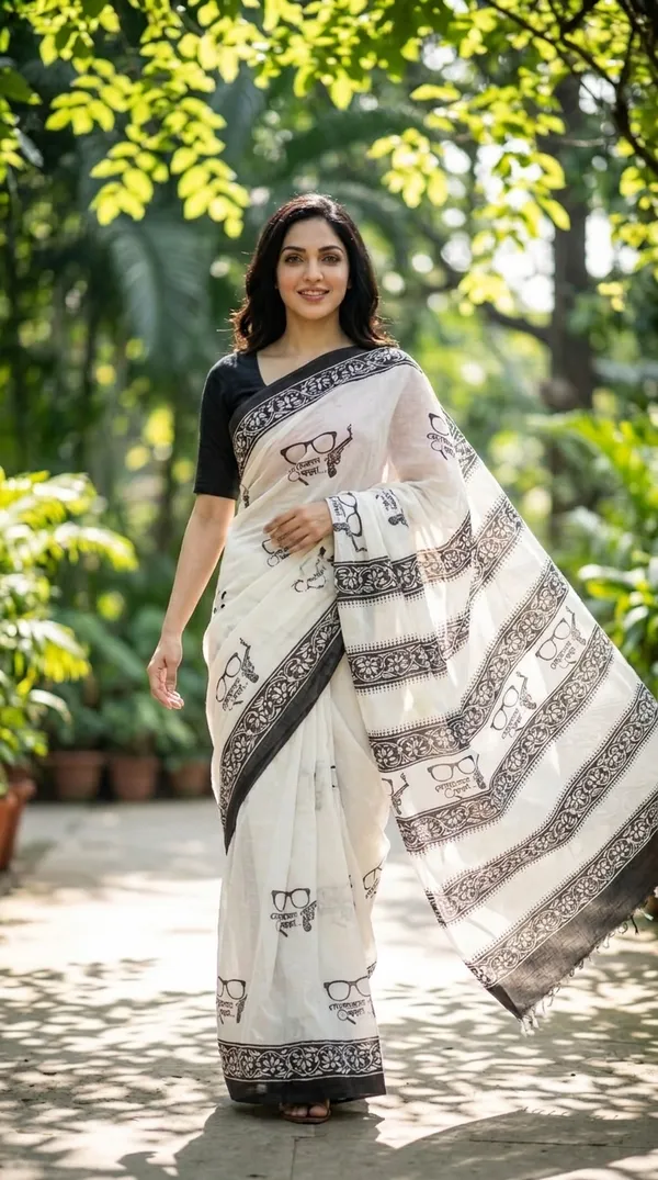 White_Black_Detective_Byomkesh_From_Rangavali_Collection_-_Block_Printed_Cotton_Sarees_By_Adibani