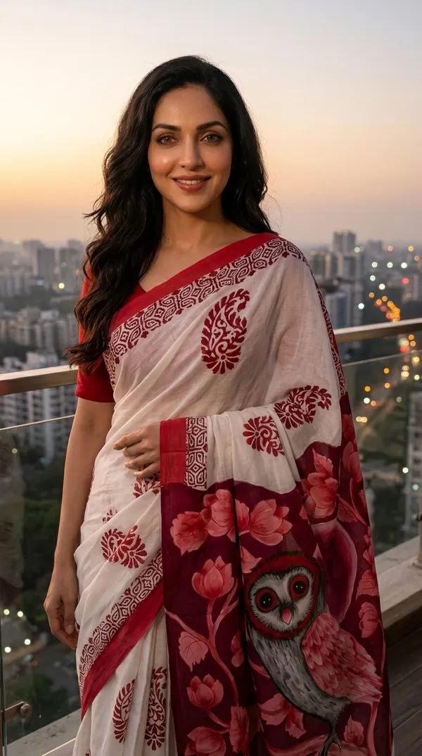 Adibani_Crimson_Moon_Owl_White_Red_Cotton_Hand-Painted_Saree_-_Pallu_Canvas_Collection